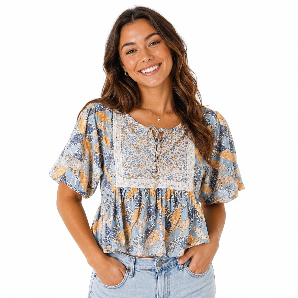 American Eagle Outfitters Women's Size M Peasant Tie Boho Blouse Patchwork